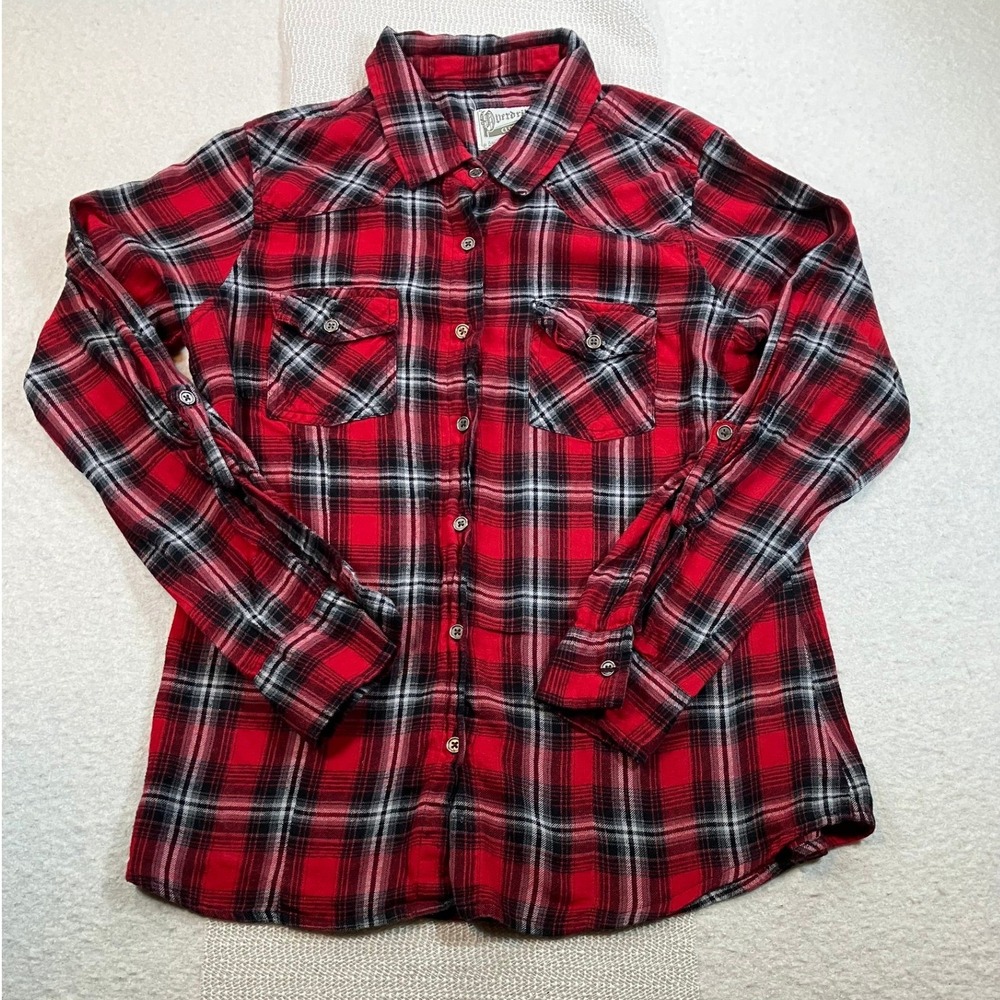 Overdrive Clothing Mens Red Black Plaid Flannel Shirt 100% Cotton Size M Western